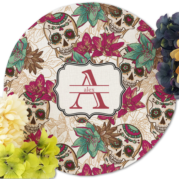 Sugar Skulls & Flowers Round Linen Placemats - Front (w flowers)