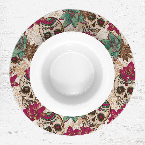 Sugar Skulls & Flowers Round Linen Placemats - LIFESTYLE (single)