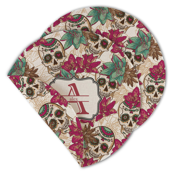 Custom Sugar Skulls & Flowers Round Linen Placemat - Double Sided - Set of 4 (Personalized)