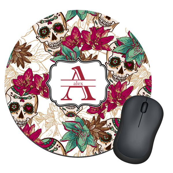 Custom Sugar Skulls & Flowers Round Mouse Pad (Personalized)