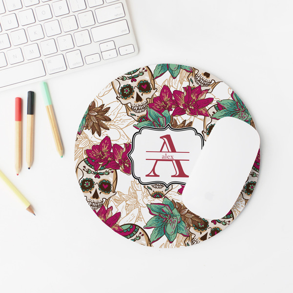 Sugar Skulls & Flowers Round Mousepad - LIFESTYLE 2