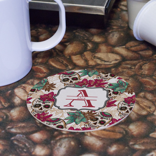 Sugar Skulls & Flowers Round Paper Coaster - Front
