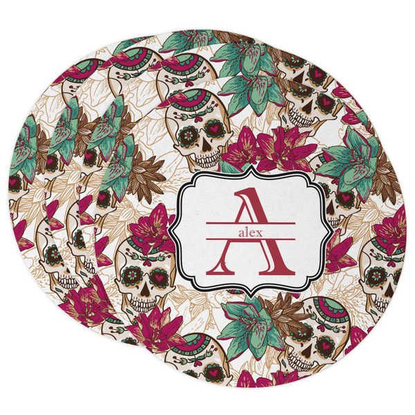 Custom Sugar Skulls & Flowers Round Paper Coasters w/ Name and Initial