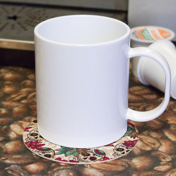 Sugar Skulls & Flowers Round Paper Coaster - With Mug