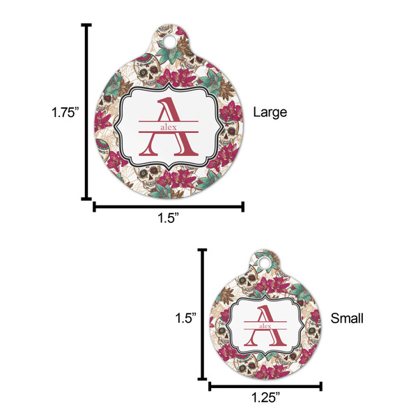Sugar Skulls & Flowers Round Pet ID Tag - Large - Comparison Scale