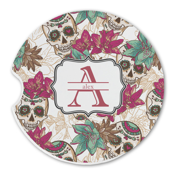 Custom Sugar Skulls & Flowers Sandstone Car Coaster - Single (Personalized)