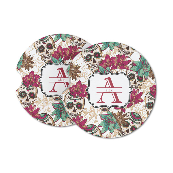 Custom Sugar Skulls & Flowers Sandstone Car Coasters - Set of 2 (Personalized)