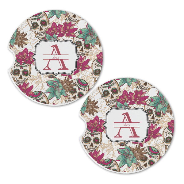 Sugar Skulls & Flowers Sandstone Car Coasters - Set of 2