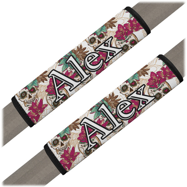 Custom Sugar Skulls & Flowers Seat Belt Covers (Set of 2) (Personalized)