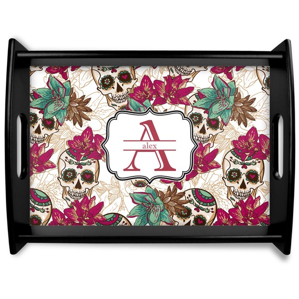 Custom Sugar Skulls & Flowers Black Wooden Tray - Large (Personalized)