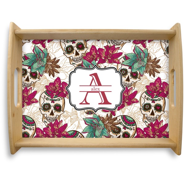 Custom Sugar Skulls & Flowers Natural Wooden Tray - Large (Personalized)