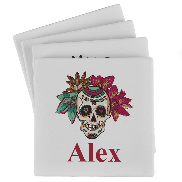 Custom Sugar Skulls & Flowers Absorbent Stone Coasters - Set of 4 (Personalized)