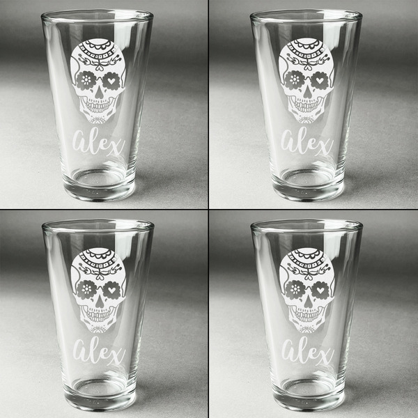 Sugar Skulls & Flowers Set of Four Engraved Beer Glasses - Individual View