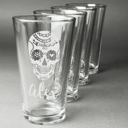 Sugar Skulls & Flowers Pint Glasses - Engraved (Set of 4) (Personalized)