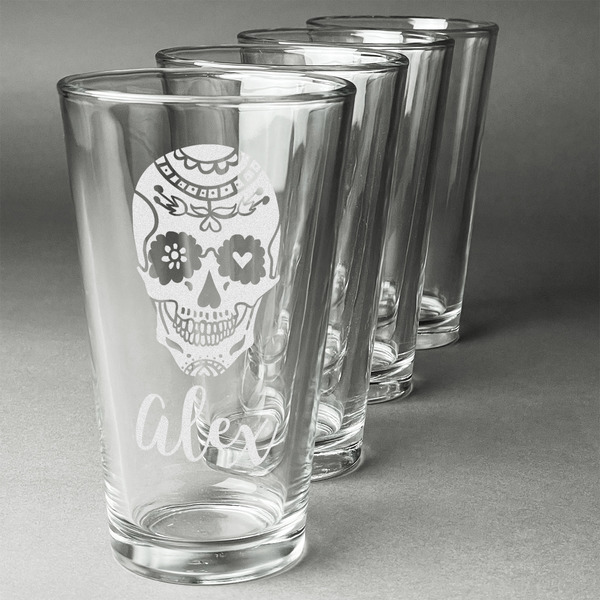 Custom Sugar Skulls & Flowers Pint Glasses - Engraved (Set of 4) (Personalized)