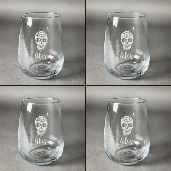 Sugar Skulls & Flowers Set of Four Personalized Stemless Wineglasses (Approval)