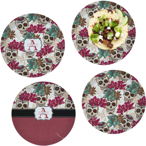 Custom Sugar Skulls & Flowers Set of 4 Glass Lunch / Dinner Plate 10" (Personalized)