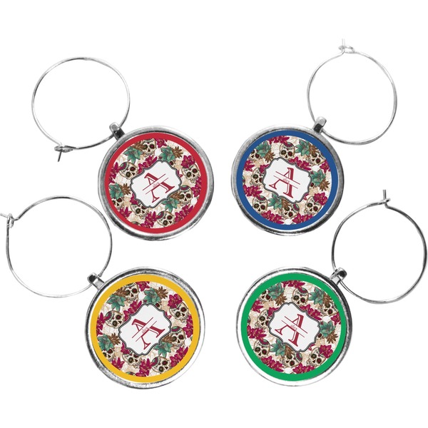 Custom Sugar Skulls & Flowers Wine Charms (Set of 4) (Personalized)