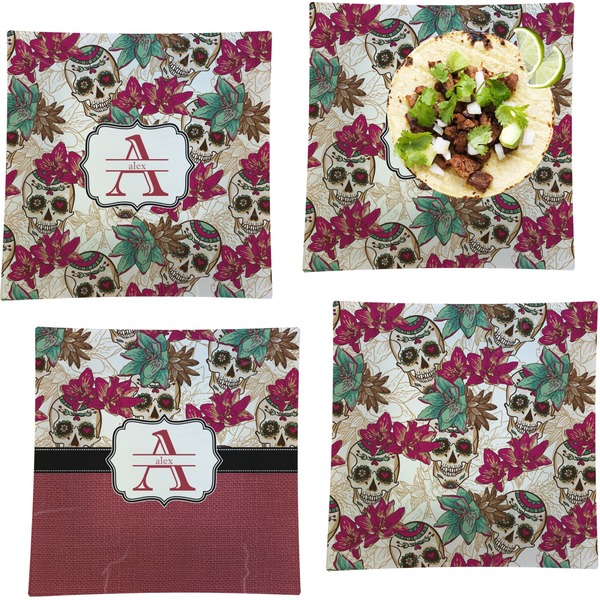 Custom Sugar Skulls & Flowers Set of 4 Glass Square Lunch / Dinner Plate 9.5" (Personalized)