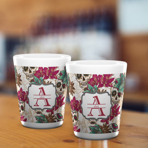 Sugar Skulls & Flowers Shot Glass - White - LIFESTYLE