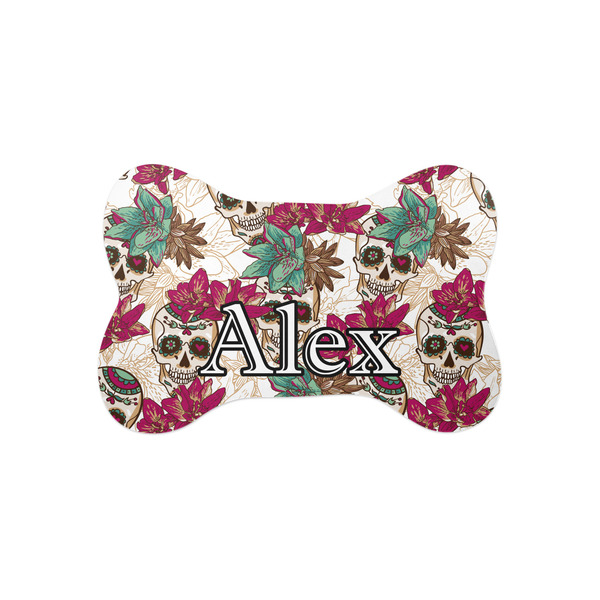 Custom Sugar Skulls & Flowers Bone Shaped Dog Food Mat (Small) (Personalized)