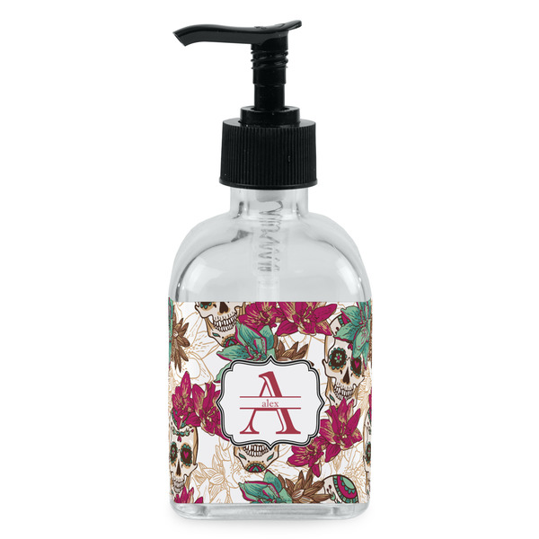 Custom Sugar Skulls & Flowers Glass Soap & Lotion Bottle - Single Bottle (Personalized)