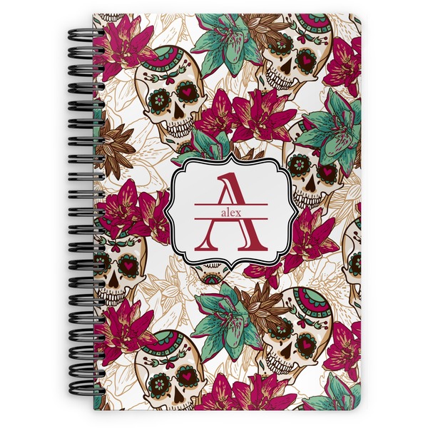 Custom Sugar Skulls & Flowers Spiral Notebook - 7x10 w/ Name and Initial