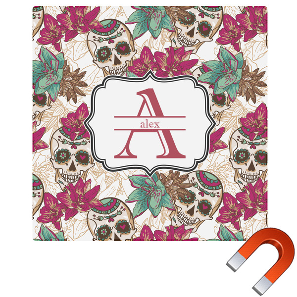 Custom Sugar Skulls & Flowers Square Car Magnet - 6" (Personalized)