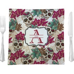 Sugar Skulls & Flowers 9.5" Glass Square Lunch / Dinner Plate- Single or Set of 4 (Personalized)