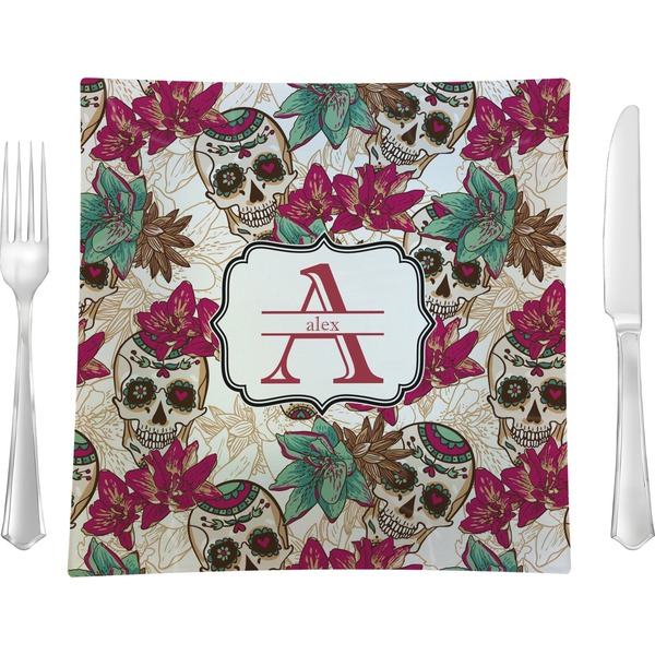 Custom Sugar Skulls & Flowers 9.5" Glass Square Lunch / Dinner Plate- Single or Set of 4 (Personalized)