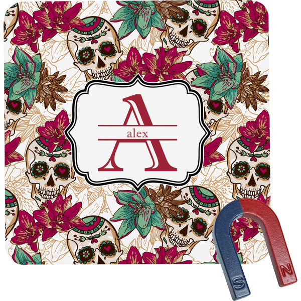 Custom Sugar Skulls & Flowers Square Fridge Magnet (Personalized)