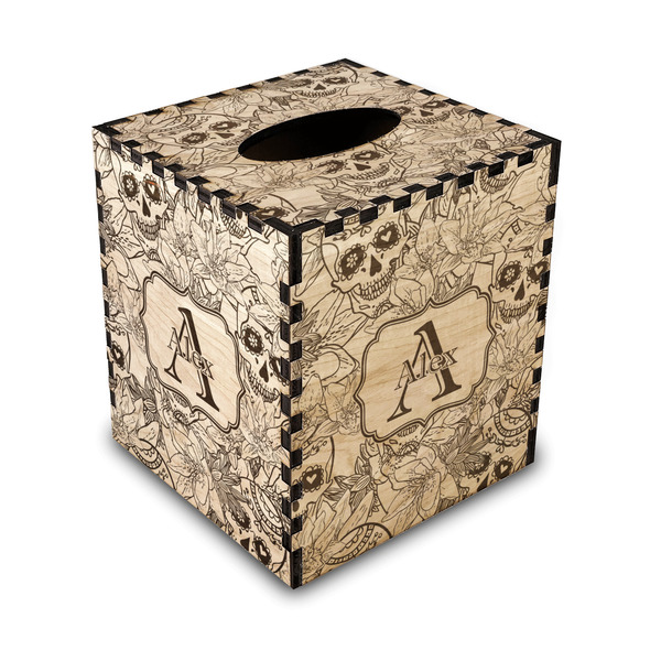 Custom Sugar Skulls & Flowers Wood Tissue Box Cover - Square (Personalized)