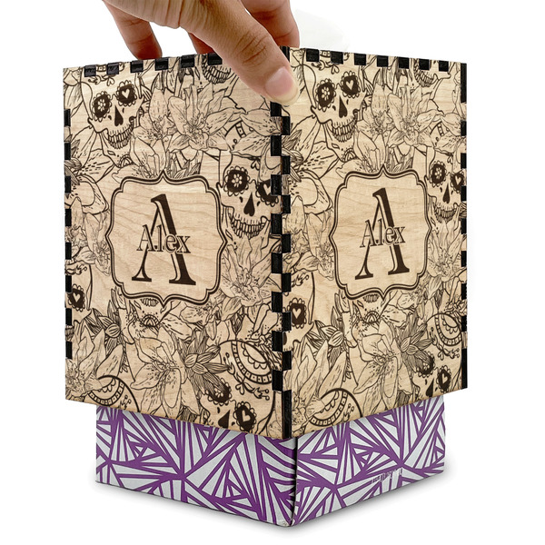 Sugar Skulls & Flowers Square Tissue Box Covers - Wood - with box