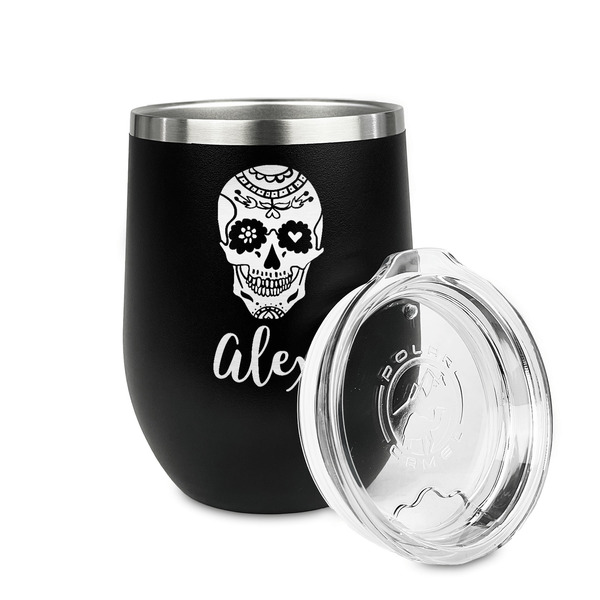 Sugar Skulls & Flowers Stainless Wine Tumblers - Black - Double Sided - Alt View