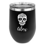 Sugar Skulls & Flowers Stemless Stainless Steel Wine Tumbler - Black - Double Sided (Personalized)