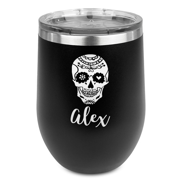 Custom Sugar Skulls & Flowers Stemless Stainless Steel Wine Tumbler - Black - Double Sided (Personalized)
