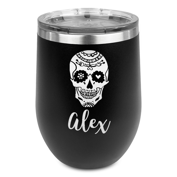 Custom Sugar Skulls & Flowers Stemless Wine Tumbler - 5 Color Choices - Stainless Steel  (Personalized)