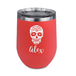 Sugar Skulls & Flowers Stemless Stainless Steel Wine Tumbler - Coral - Double Sided (Personalized)