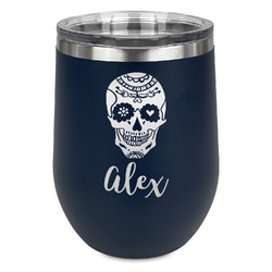 Sugar Skulls & Flowers Stemless Stainless Steel Wine Tumbler - Navy - Double Sided (Personalized)