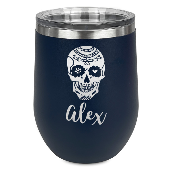 Custom Sugar Skulls & Flowers Stemless Stainless Steel Wine Tumbler - Navy - Double Sided (Personalized)