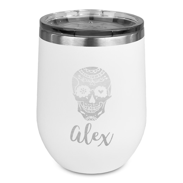 Custom Sugar Skulls & Flowers Stemless Stainless Steel Wine Tumbler - White - Single Sided (Personalized)