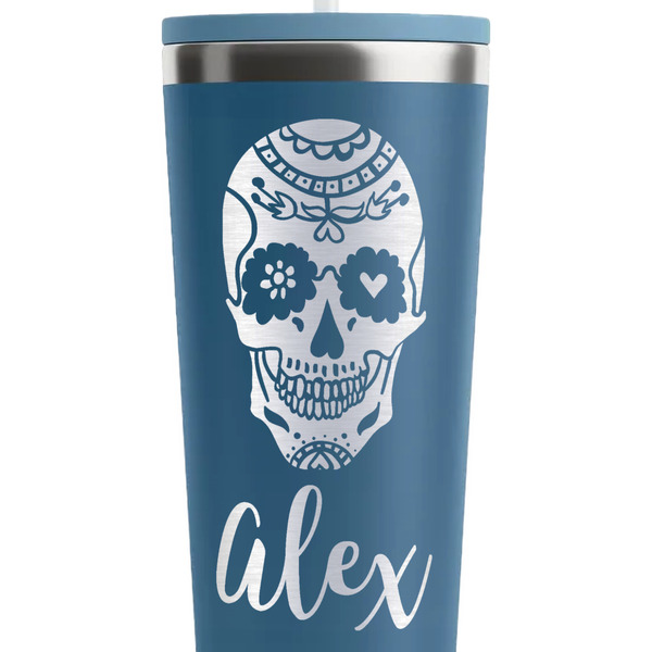 Sugar Skulls & Flowers Steel Blue RTIC Everyday Tumbler - 28 oz. - Close Up
