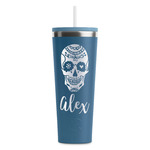 Sugar Skulls & Flowers RTIC Everyday Tumbler with Straw - 28oz - Steel Blue - Single-Sided (Personalized)