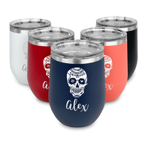 Sugar Skulls & Flowers Steel Wine Tumblers Multiple Colors