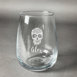 Sugar Skulls & Flowers Stemless Wine Glass - Engraved (Personalized)