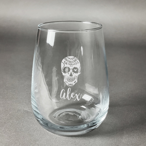 Custom Sugar Skulls & Flowers Stemless Wine Glass - Engraved (Personalized)