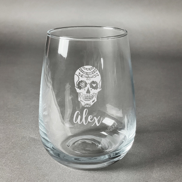 Custom Sugar Skulls & Flowers Stemless Wine Glass - Engraved (Personalized)