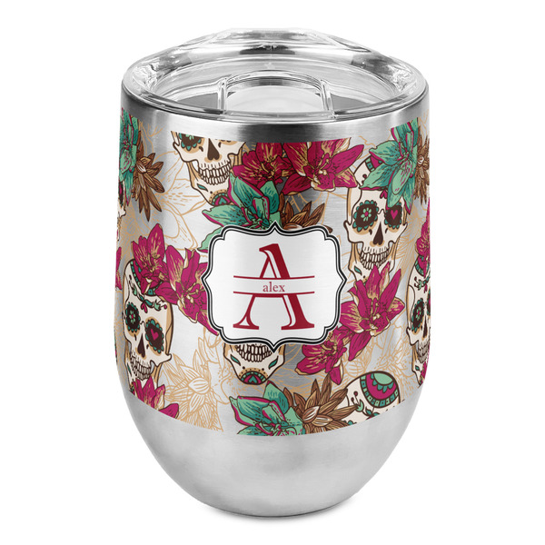 Custom Sugar Skulls & Flowers Stemless Wine Tumbler - Full Print (Personalized)