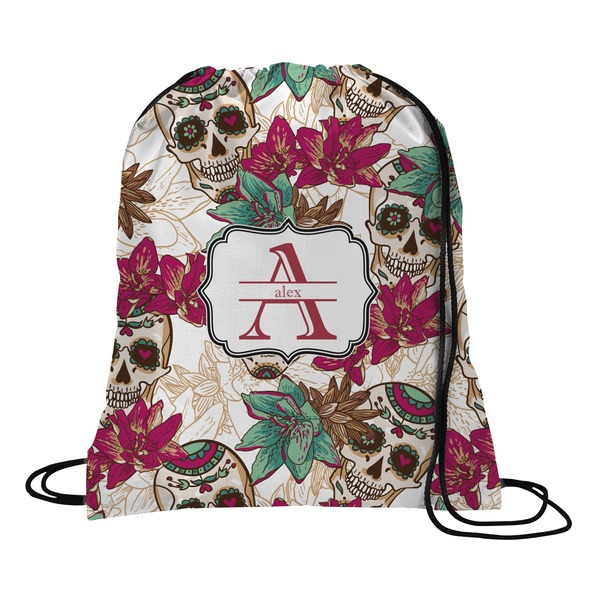 Custom Sugar Skulls & Flowers Drawstring Backpack - Large (Personalized)