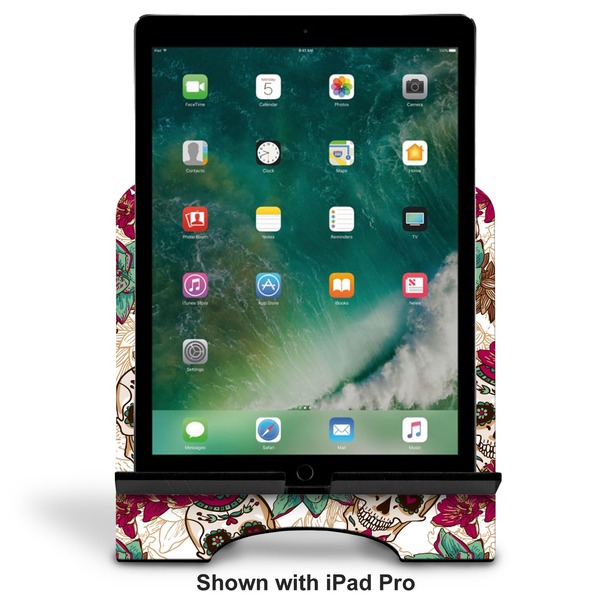 Sugar Skulls & Flowers Stylized Tablet Stand - Front with ipad